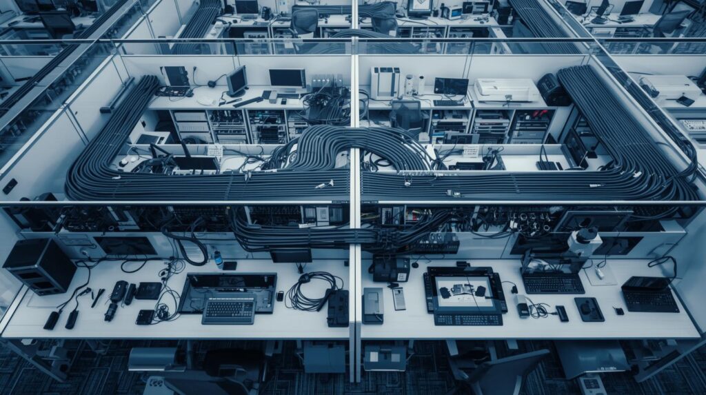 Overhead shot of office with connected devices and structured cabling highlighting organization and connectivity.